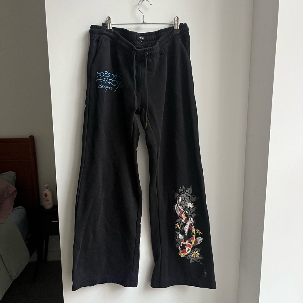 Ed Hardy Black Track Pants with Multicolor Design